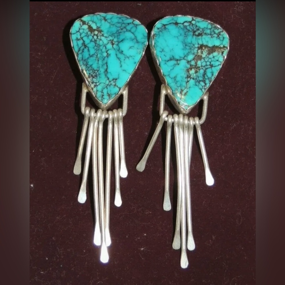 Vintage American Indian Large Sterling Clip On Earrings w/ Turquoise / Dangles